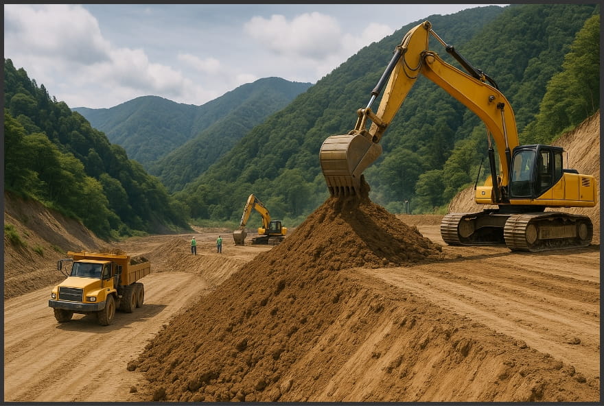 重機を使って土を盛る工事現場の様子
